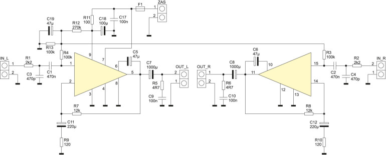 Rysunek 1. Schemat ideowy wzmacniacza z STK4392