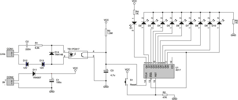 Rys. 1. Schemat elektryczny wskaźnika rozmów telefonicznych