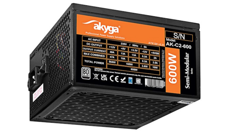 Komputerowy zasilacz półmodularny ATX AK-C2-600 produkcji Akyga o mocy wyjściowej 600 W
