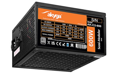 Komputerowy zasilacz półmodularny ATX AK-C2-600 produkcji Akyga o mocy wyjściowej 600 W