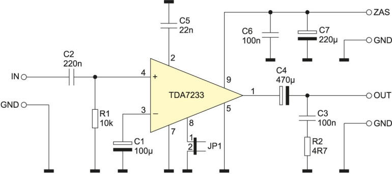 Rysunek 1. Schemat ideowy wzmacniacza z TDA7233S