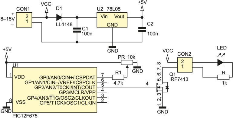 Rysunek 1. Schemat elektryczny migacza LED