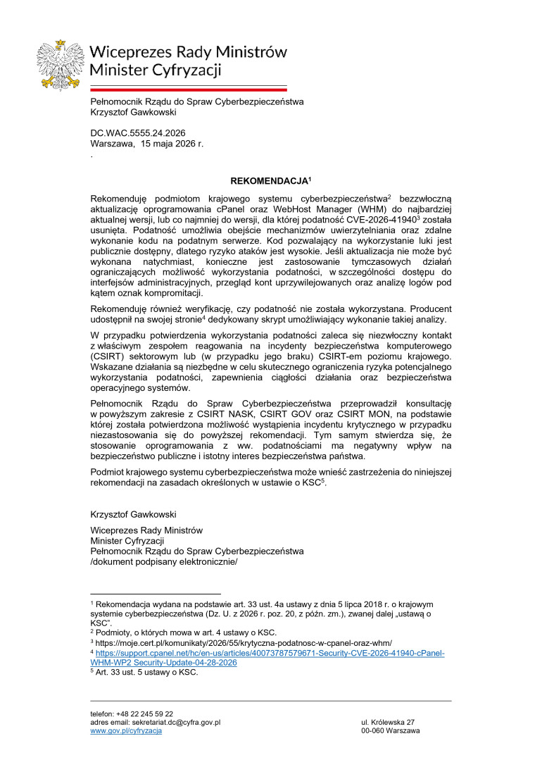 Rekomendacja Pełnomocnika Rządu ds. Cyberbezpieczeństwa dotycząca konieczności aktualizacji oprogramowania cPanel oraz WebHost Manager (WHM)